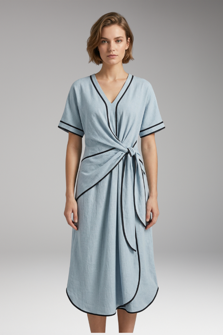 Women’s Dress with V Neck and Draped Waist