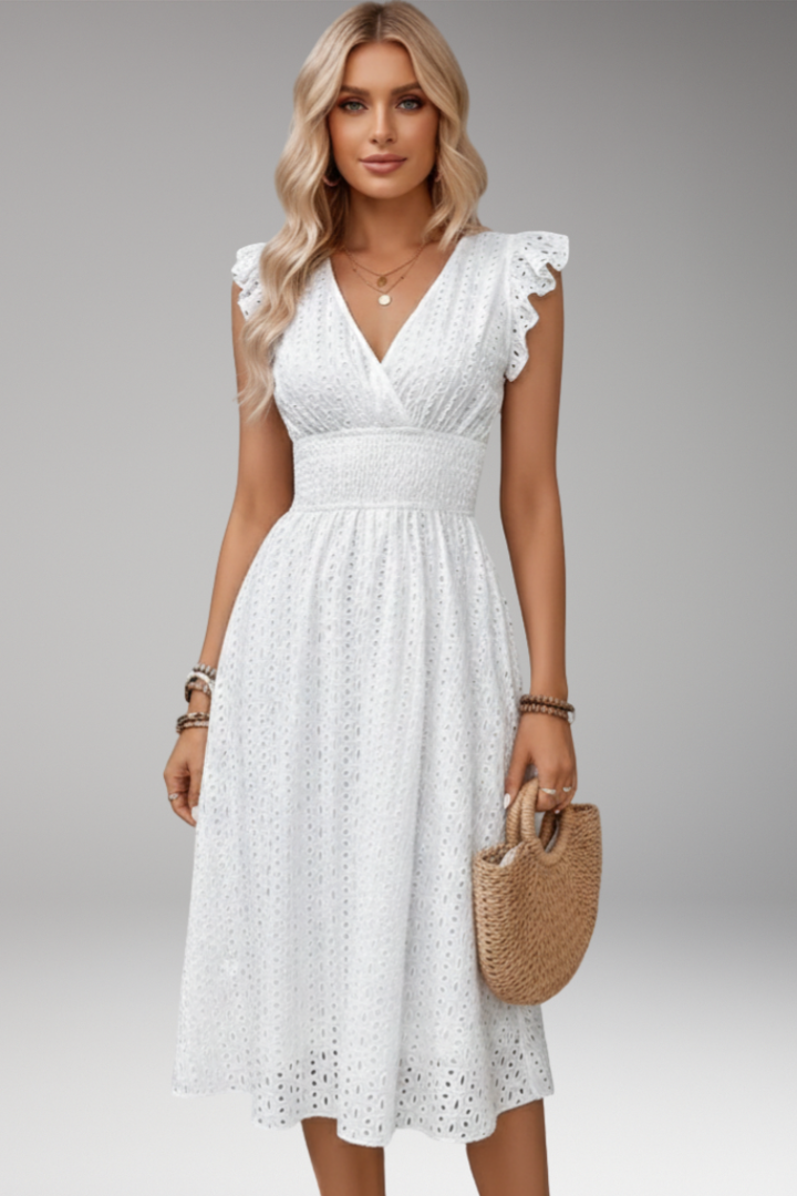 Women's Dress with V Neck and Eyelet Pattern