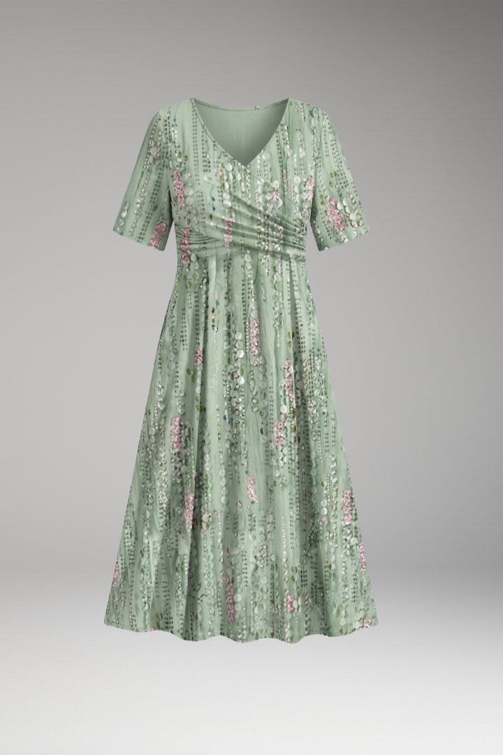 Women’s Dress with V Neck and Gathered Waist
