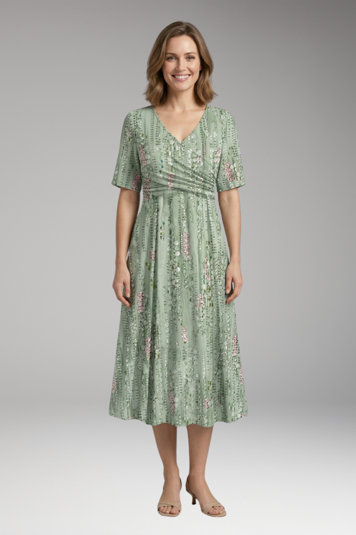 Women’s Dress with V Neck and Gathered Waist