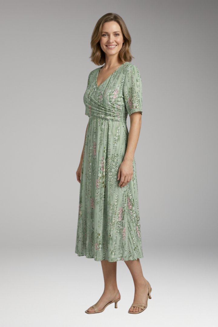 Women’s Dress with V Neck and Gathered Waist