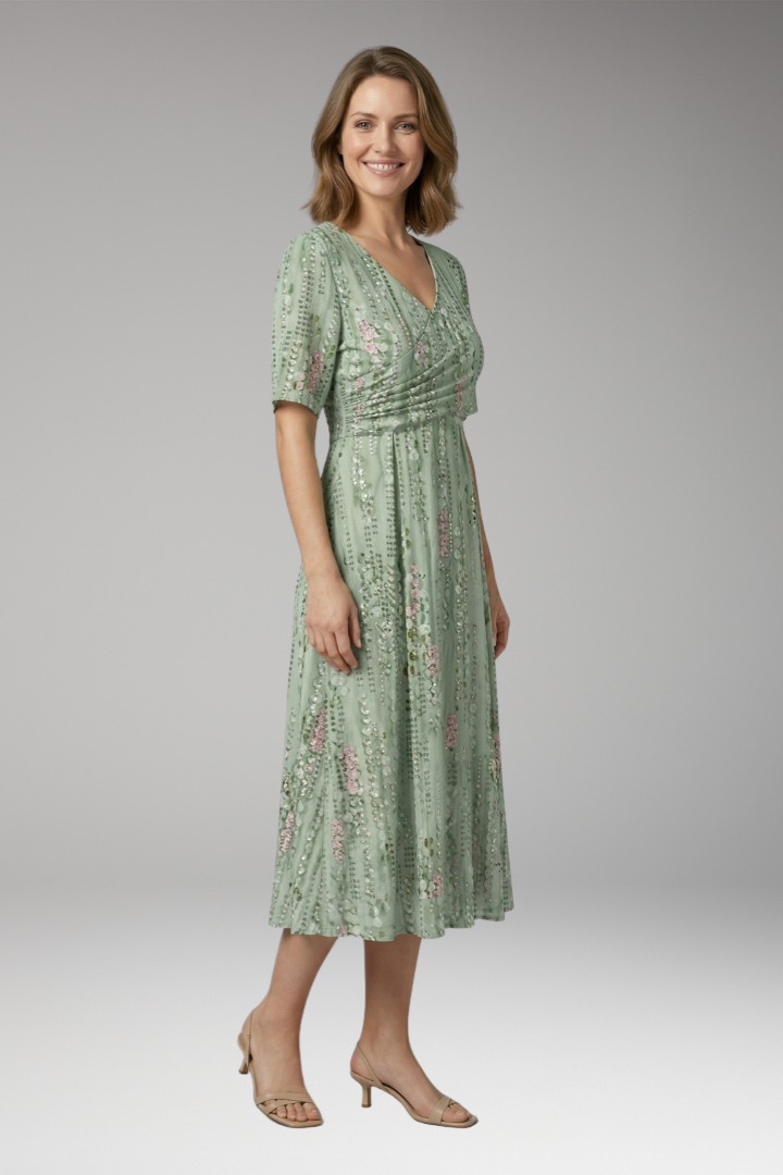 Women’s Dress with V Neck and Gathered Waist