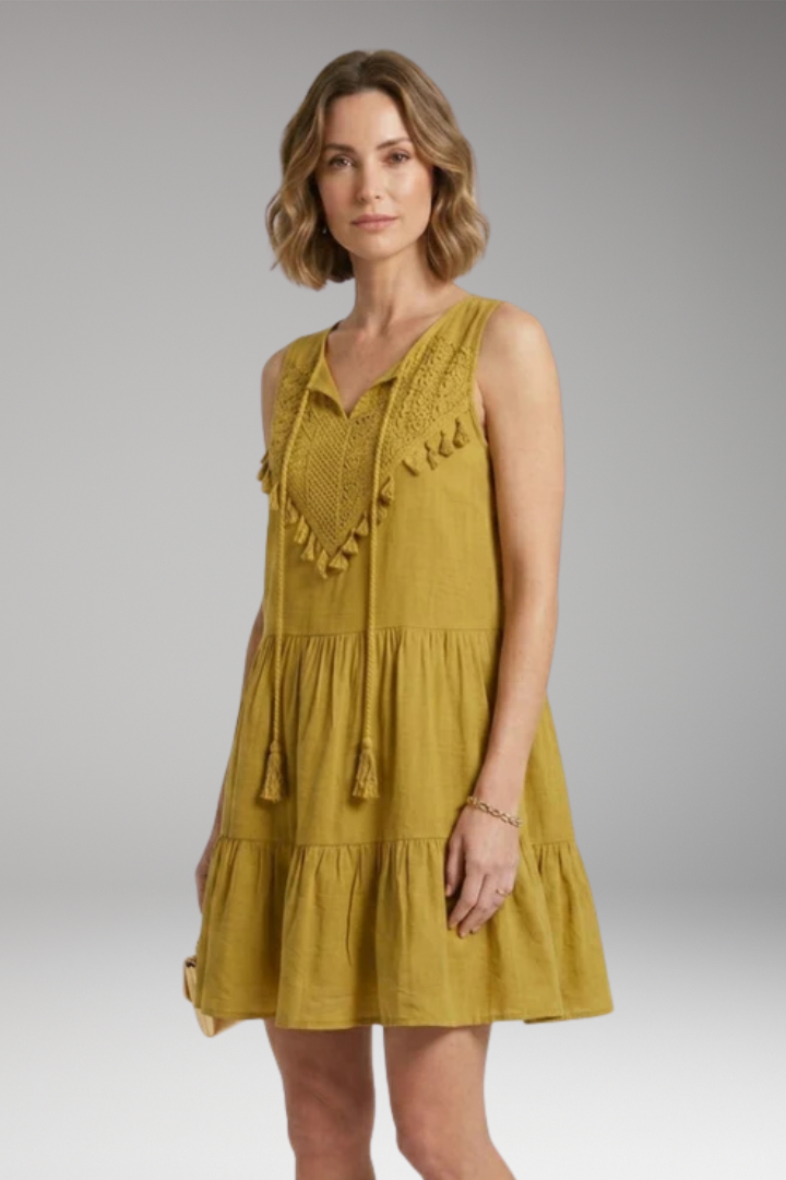 Women’s Dress with V-Neck and Crochet Tiered Design