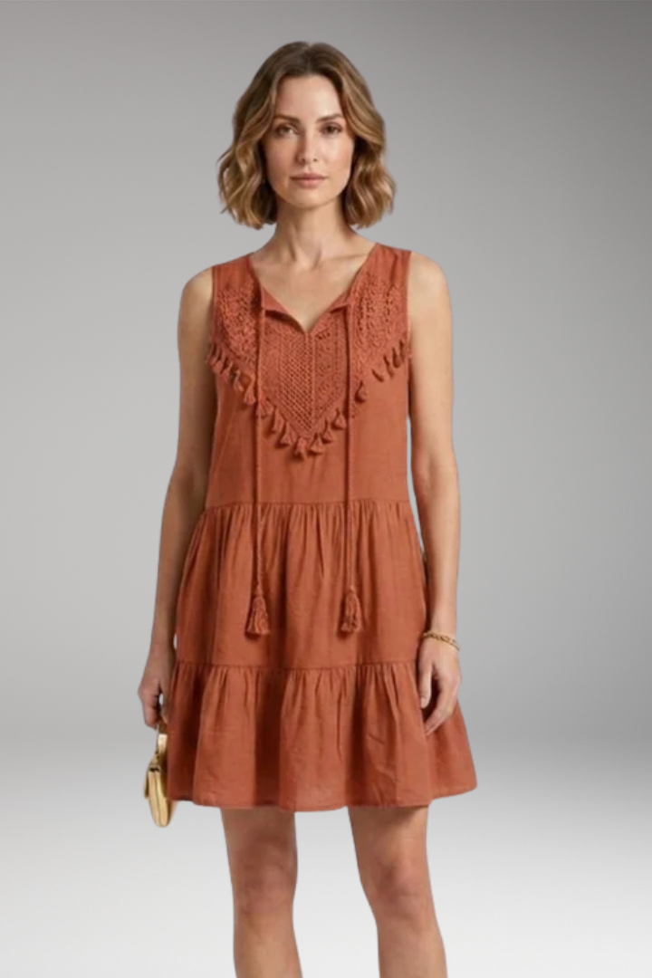 Women’s Dress with V-Neck and Crochet Tiered Design