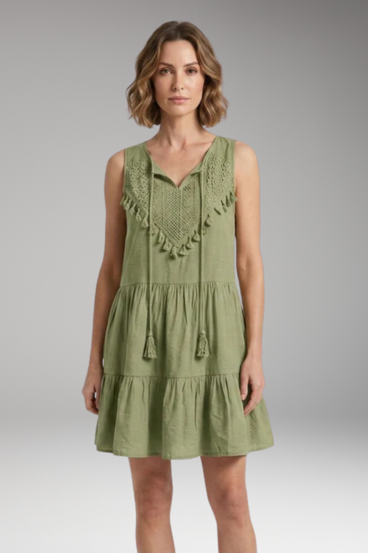 Women’s Dress with V-Neck and Crochet Tiered Design