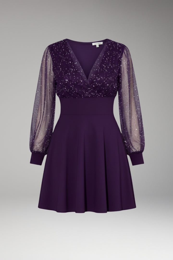 Women's Elegant Dress with Sheer Sleeves and Sparkling Details