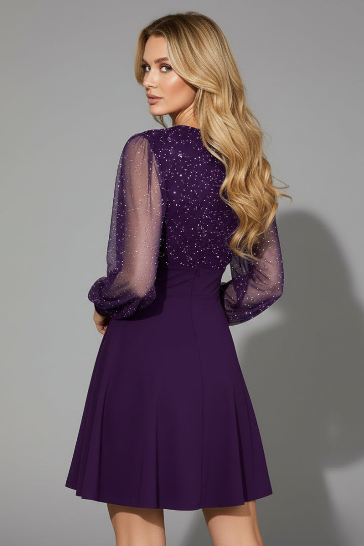 Women's Elegant Dress with Sheer Sleeves and Sparkling Details