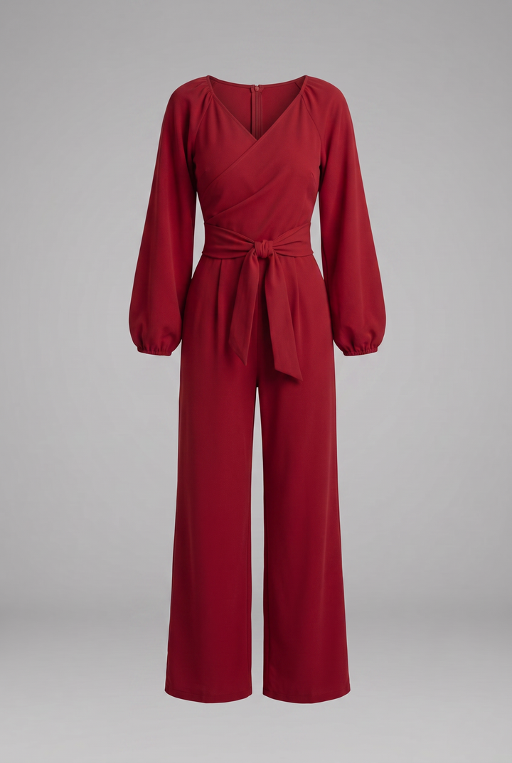 Women’s Elegant Long-Sleeve Wide-Leg Belted Jumpsuit