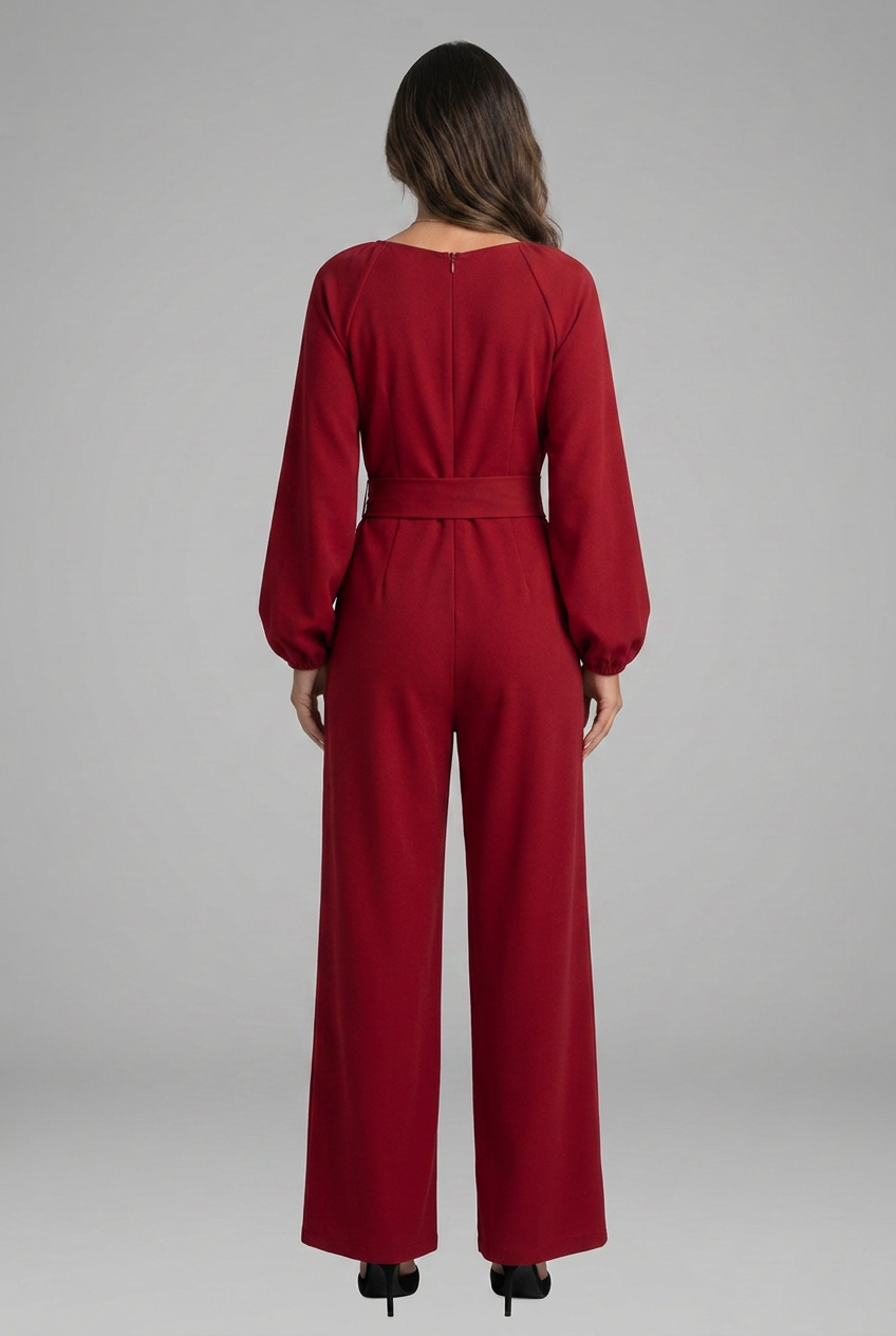 Women’s Elegant Long-Sleeve Wide-Leg Belted Jumpsuit