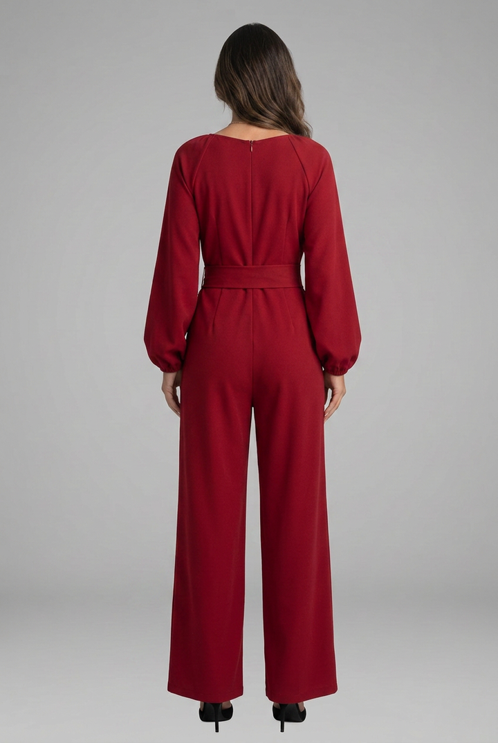 Women’s Elegant Long-Sleeve Wide-Leg Belted Jumpsuit