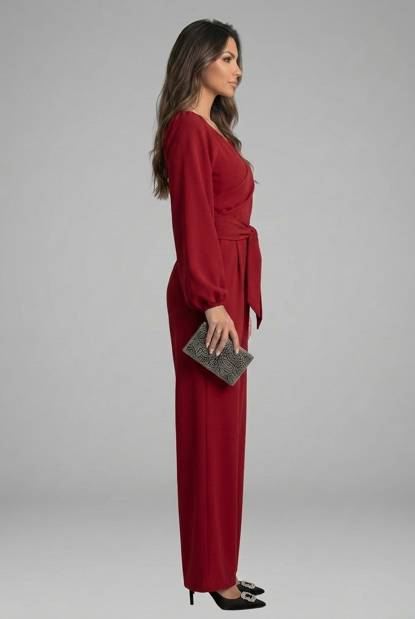 Women’s Elegant Long-Sleeve Wide-Leg Belted Jumpsuit