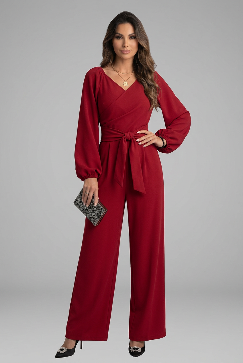Women’s Elegant Long-Sleeve Wide-Leg Belted Jumpsuit