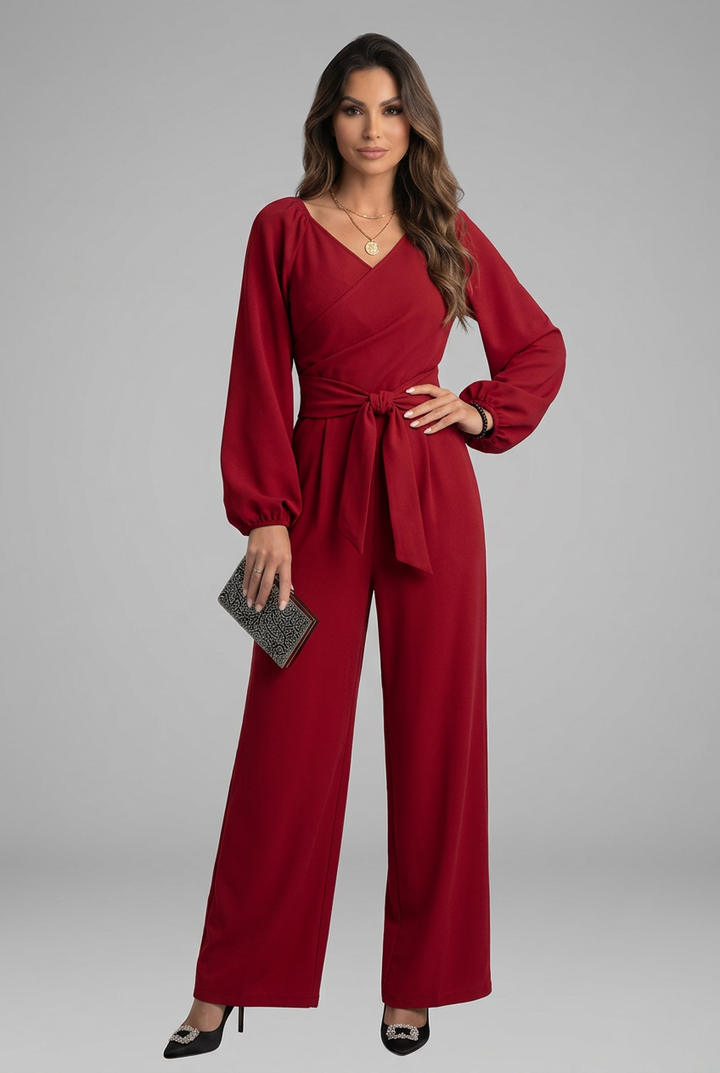 Women’s Elegant Long-Sleeve Wide-Leg Belted Jumpsuit