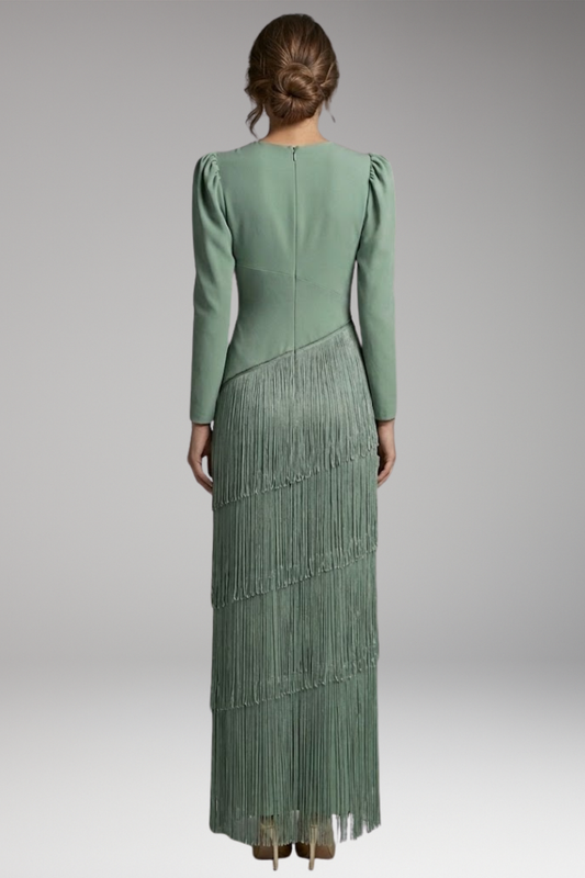 Women's Evening Dress with Long Sleeves and Tassel Hem