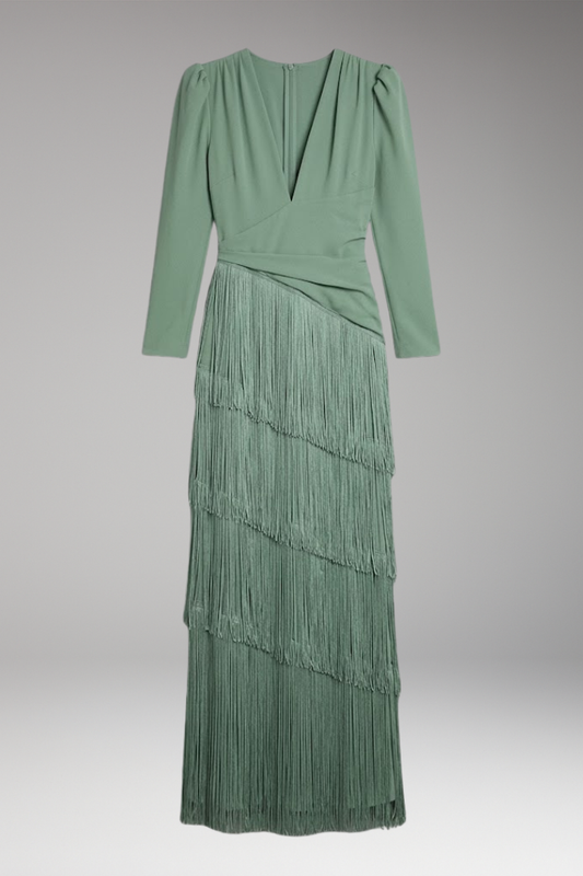Women's Evening Dress with Long Sleeves and Tassel Hem