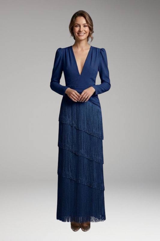 Women's Evening Dress with Long Sleeves and Tassel Hem
