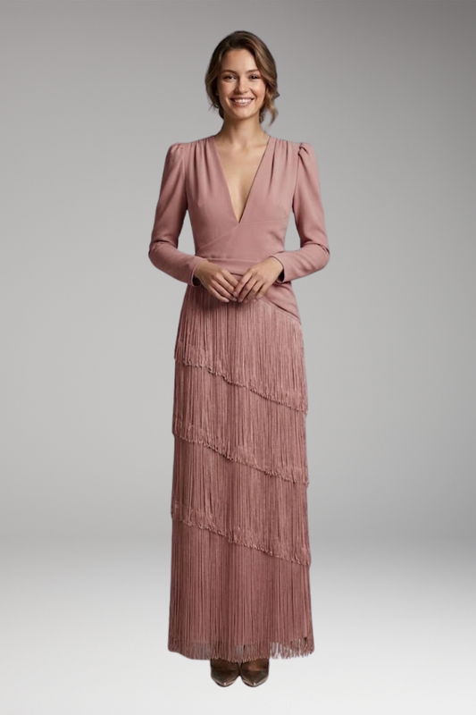 Women's Evening Dress with Long Sleeves and Tassel Hem