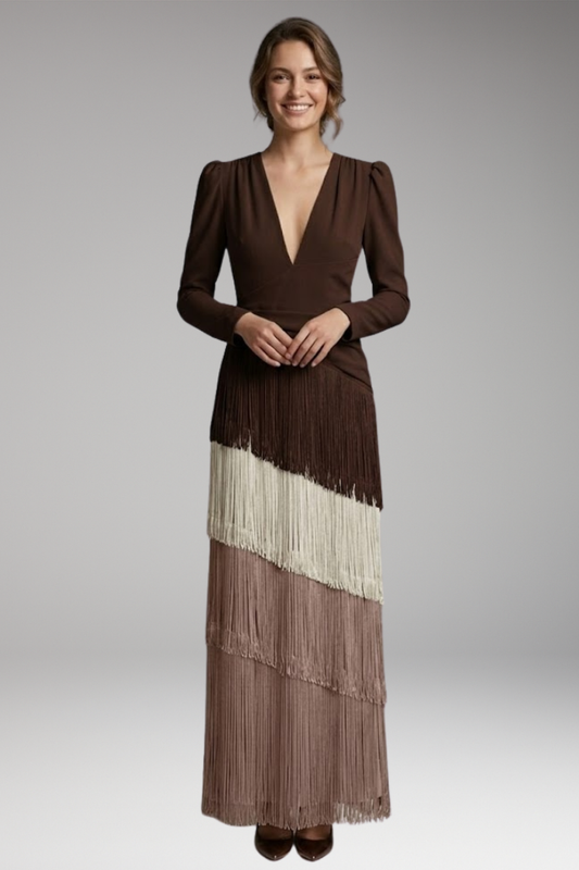 Women's Evening Dress with Long Sleeves and Tassel Hem