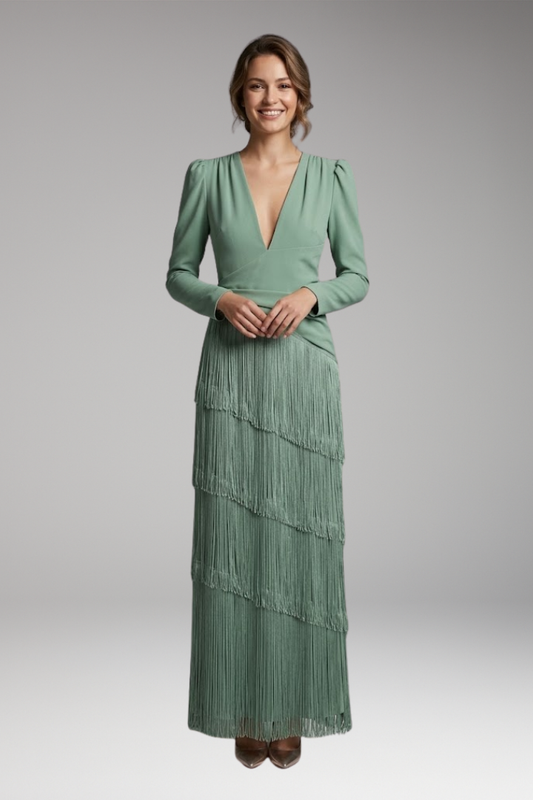 Women's Evening Dress with Long Sleeves and Tassel Hem