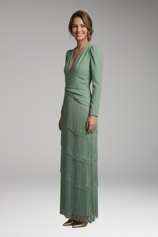 Women's Evening Dress with Long Sleeves and Tassel Hem