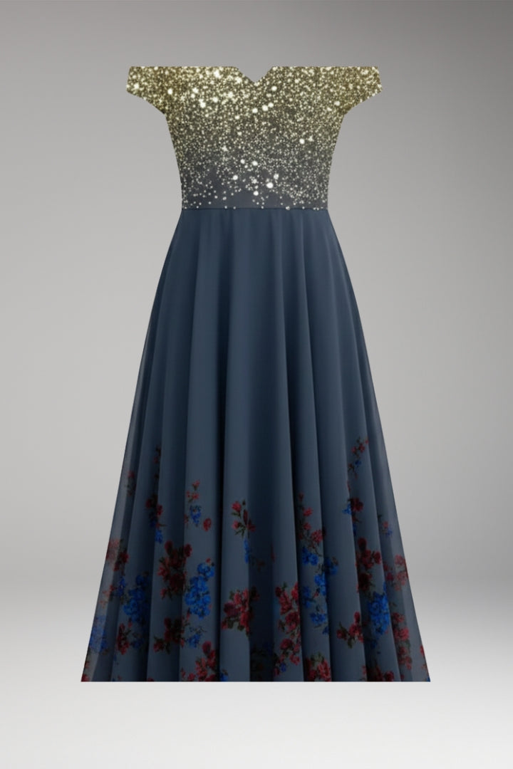 Women's Evening Dress with Shiny Top and Vibrant Flowers