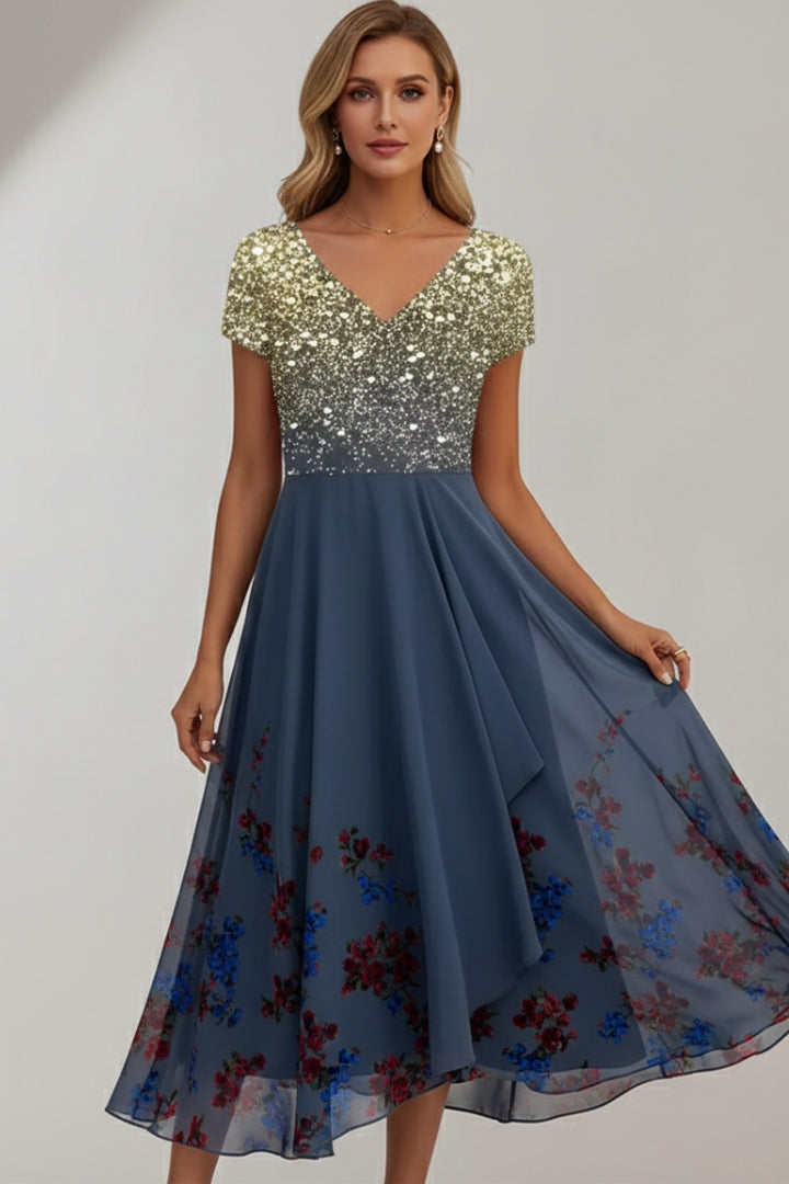 Women's Evening Dress with Shiny Top and Vibrant Flowers