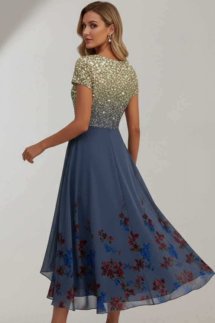 Women's Evening Dress with Shiny Top and Vibrant Flowers