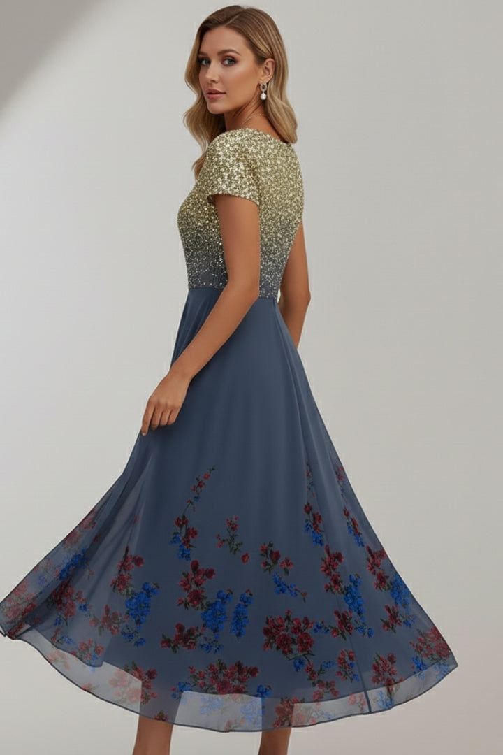Women's Evening Dress with Shiny Top and Vibrant Flowers