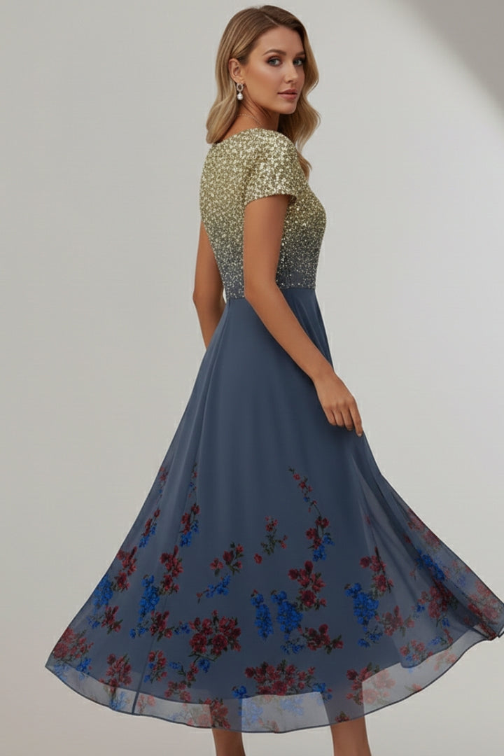 Women's Evening Dress with Shiny Top and Vibrant Flowers