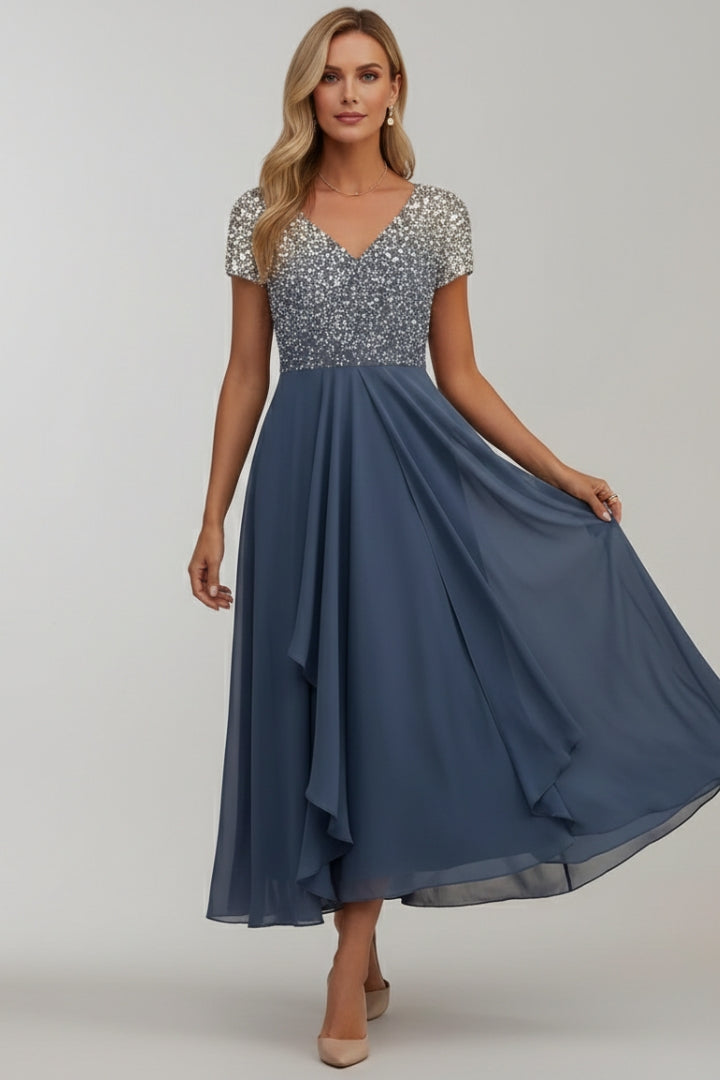 Women's Evening Dress with Shiny Top and Vibrant Flowers