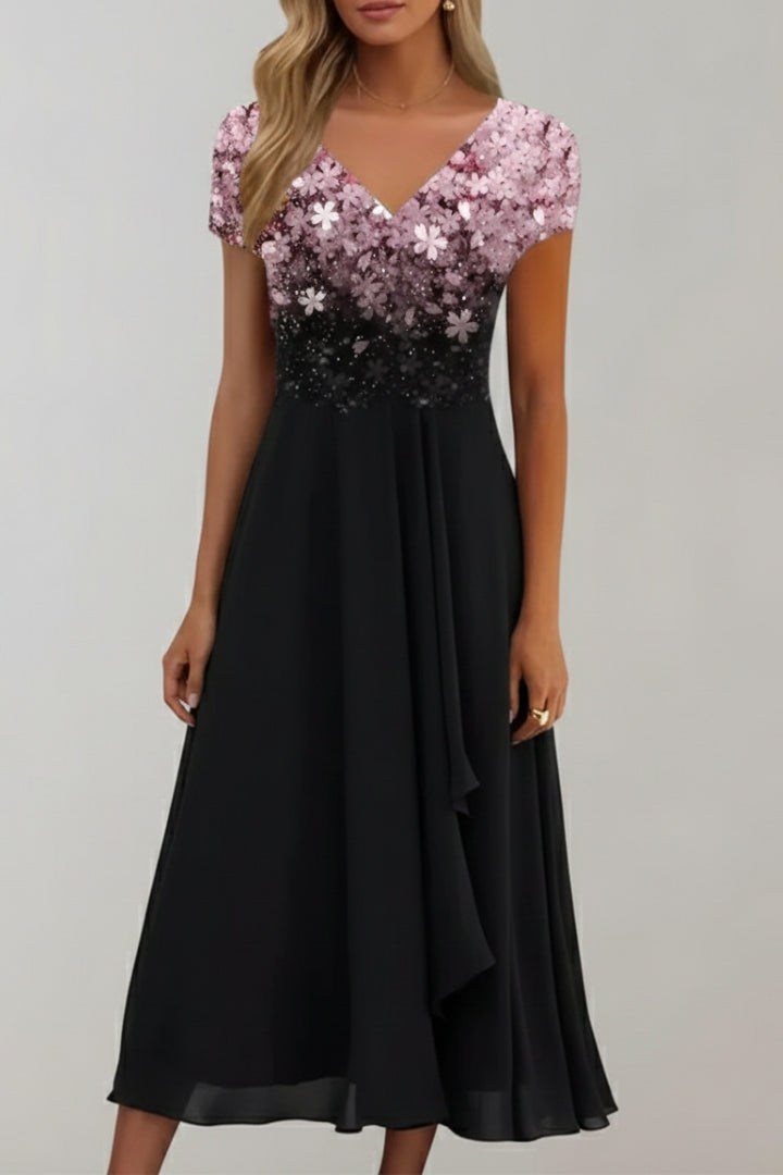 Women's Evening Dress with Shiny Top and Vibrant Flowers