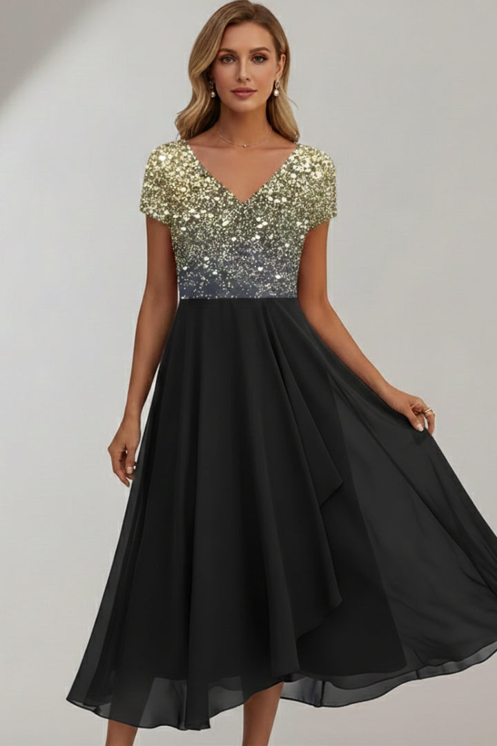 Women's Evening Dress with Shiny Top and Vibrant Flowers