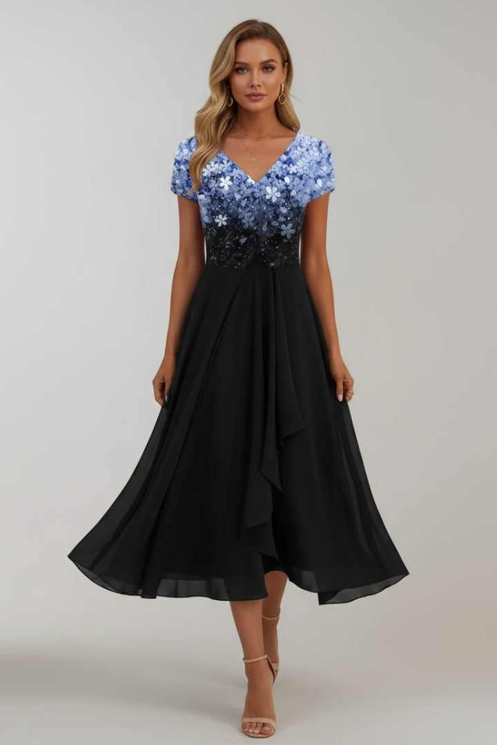 Women's Evening Dress with Shiny Top and Vibrant Flowers