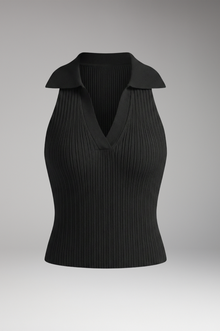 Women's Fitted Sleeveless Top with V-Neckline and Collar Detail