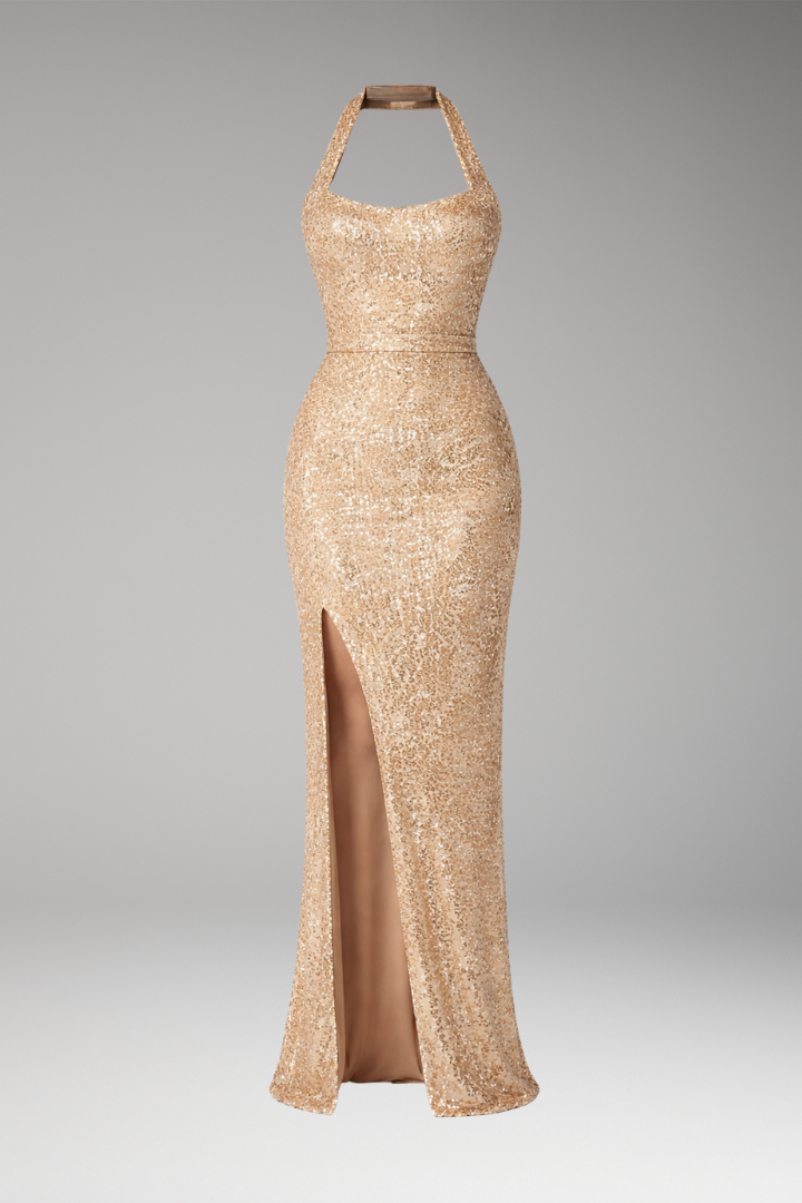 Women’s Floor-Length Dress with High Slit and Sequin Surface
