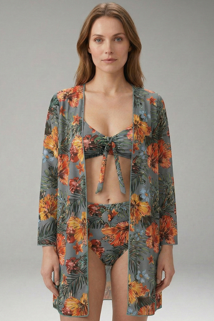 Women’s Floral Bikini Set with Tie-Front Top and Cover-Up