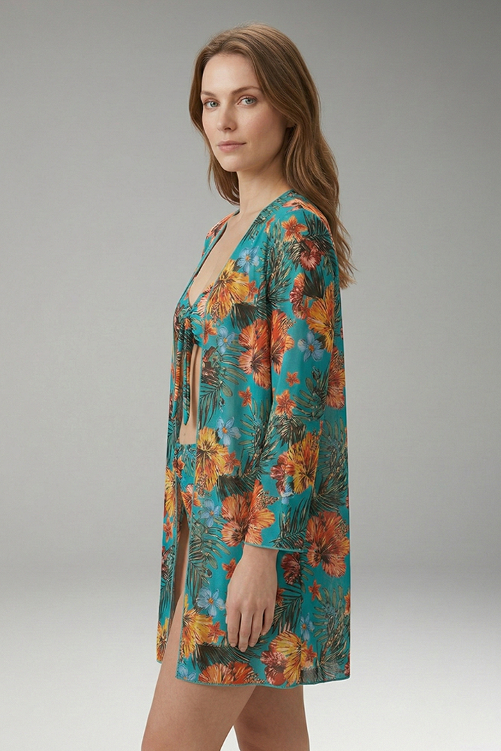 Women’s Floral Bikini Set with Tie-Front Top and Cover-Up