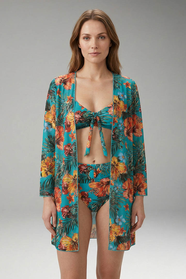 Women’s Floral Bikini Set with Tie-Front Top and Cover-Up