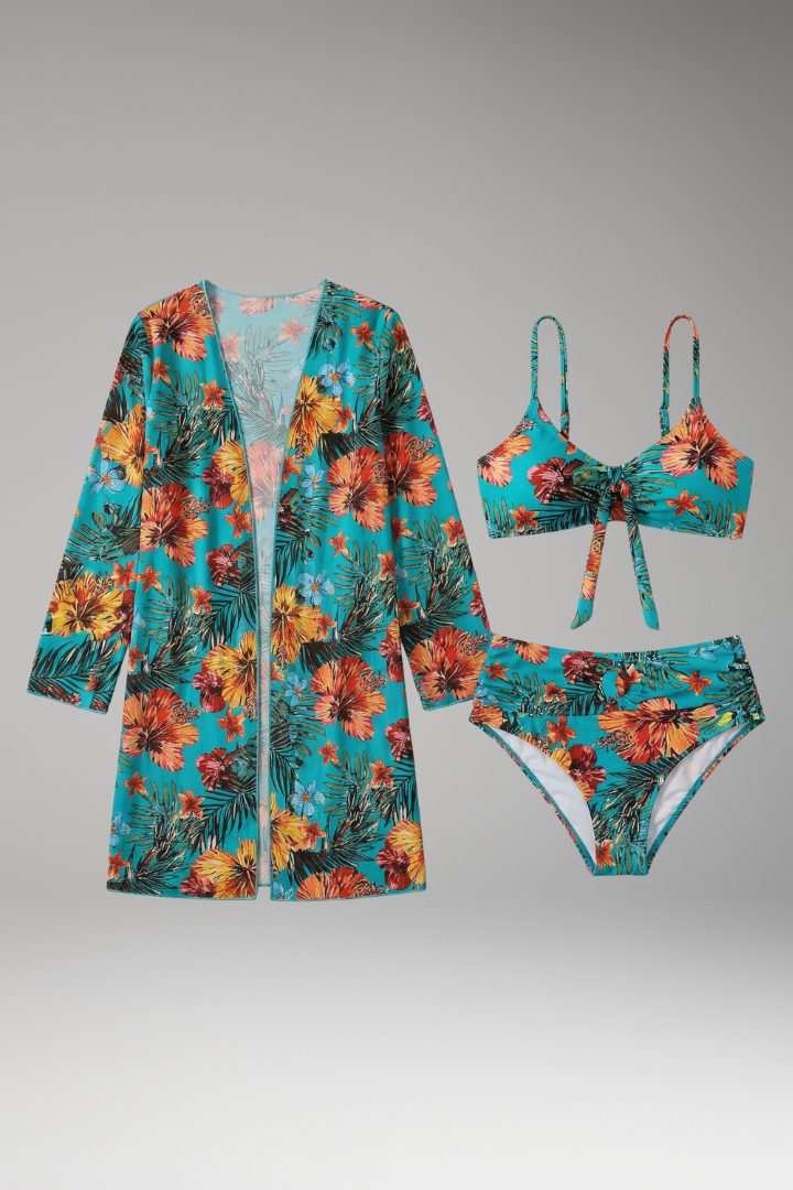 Women’s Floral Bikini Set with Tie-Front Top and Cover-Up