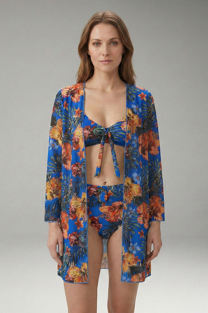 Women’s Floral Bikini Set with Tie-Front Top and Cover-Up