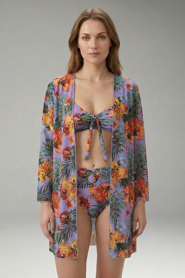 Women’s Floral Bikini Set with Tie-Front Top and Cover-Up