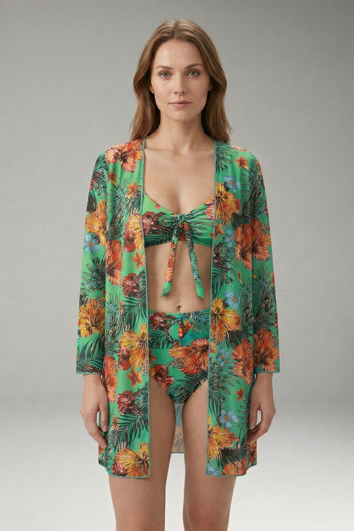 Women’s Floral Bikini Set with Tie-Front Top and Cover-Up