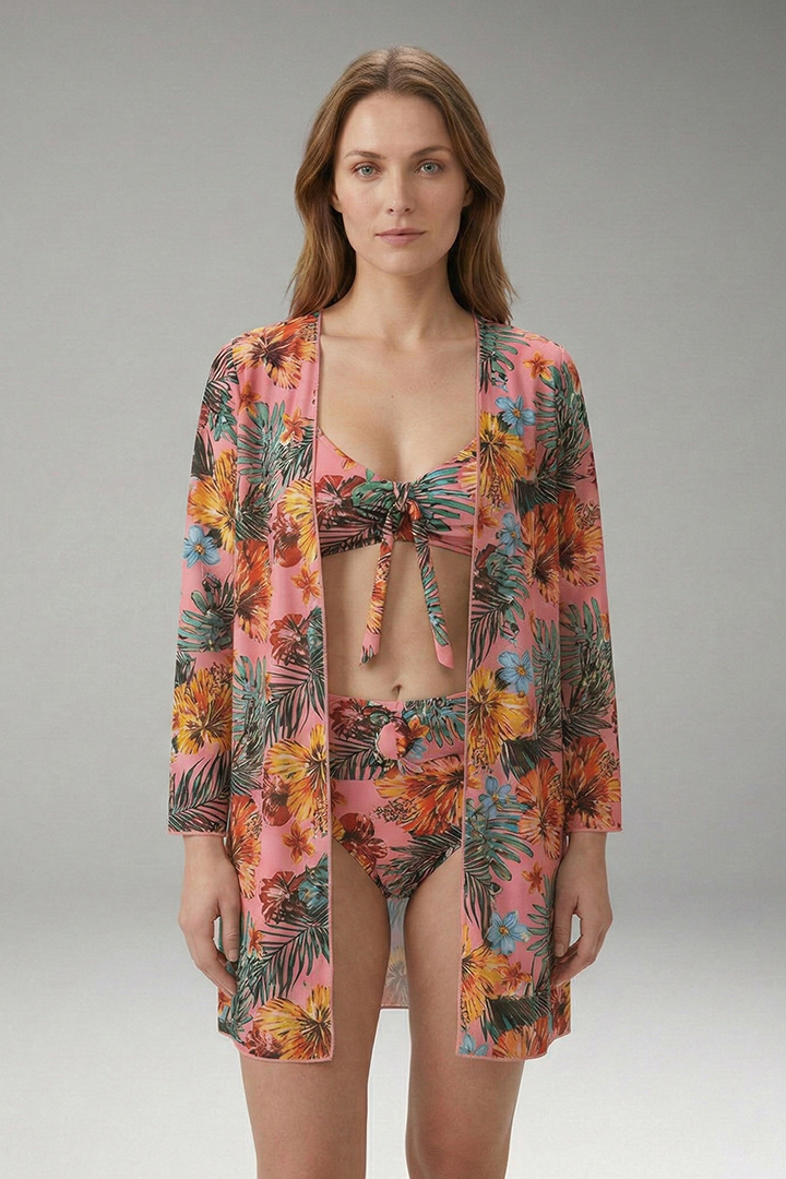 Women’s Floral Bikini Set with Tie-Front Top and Cover-Up