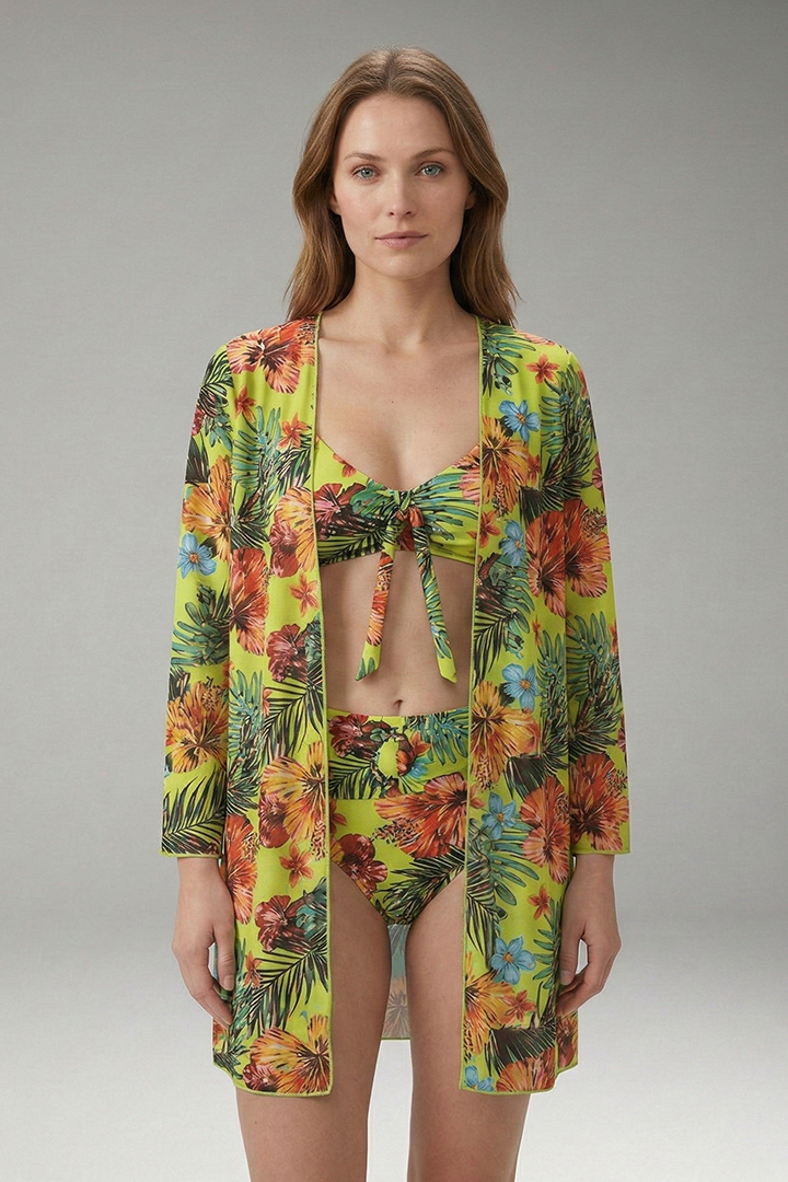 Women’s Floral Bikini Set with Tie-Front Top and Cover-Up
