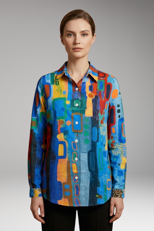 Women's Floral Blouse with Long Sleeves and Button-Down Closure