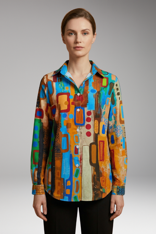 Women's Floral Blouse with Long Sleeves and Button-Down Closure