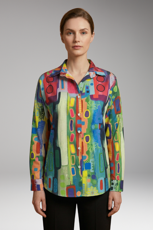 Women's Floral Blouse with Long Sleeves and Button-Down Closure