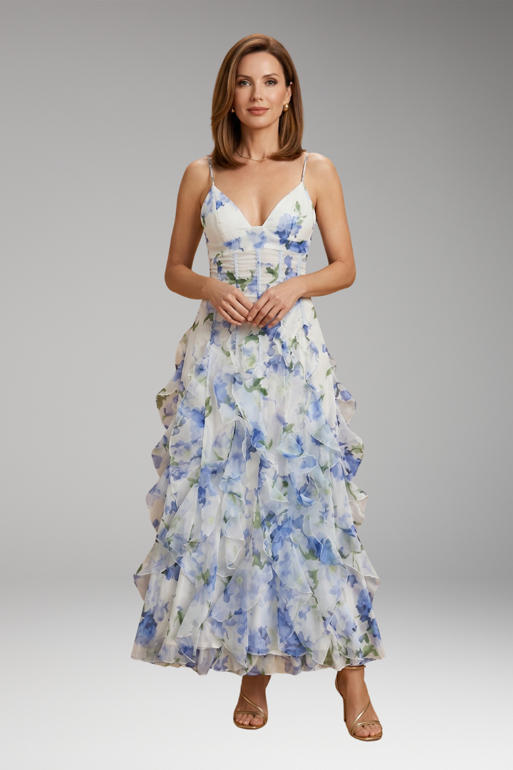 Women's Floral Dress with Ruffles and Breathable Fabric