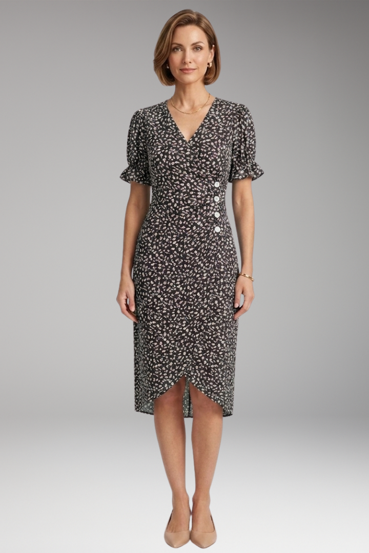 Women's Floral Dress with V-Neckline and Lightweight Fabric