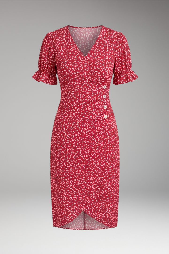 Women's Floral Dress with V-Neckline and Lightweight Fabric